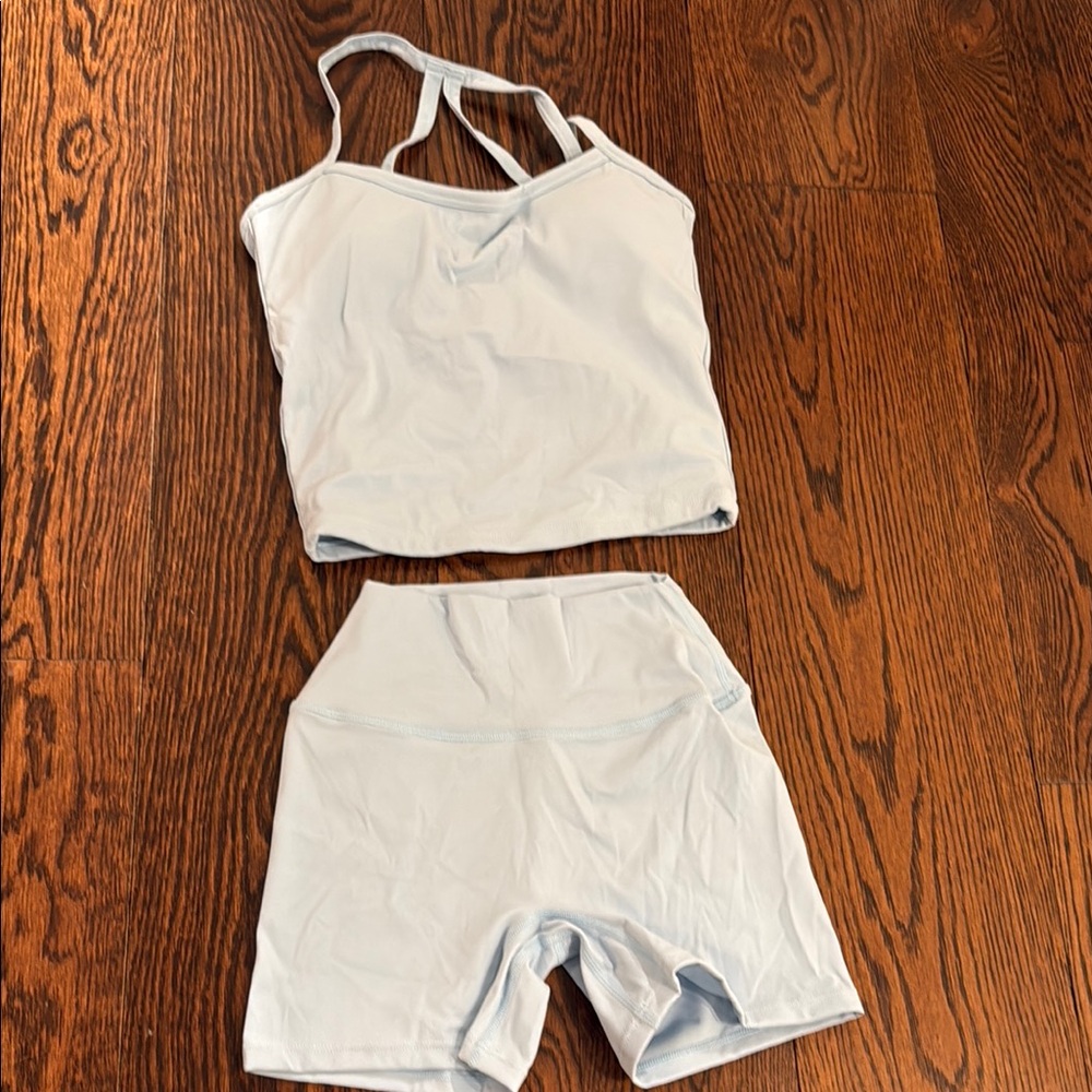Light Blue Strappy Crop Top and High-Waist Bike Shorts Set